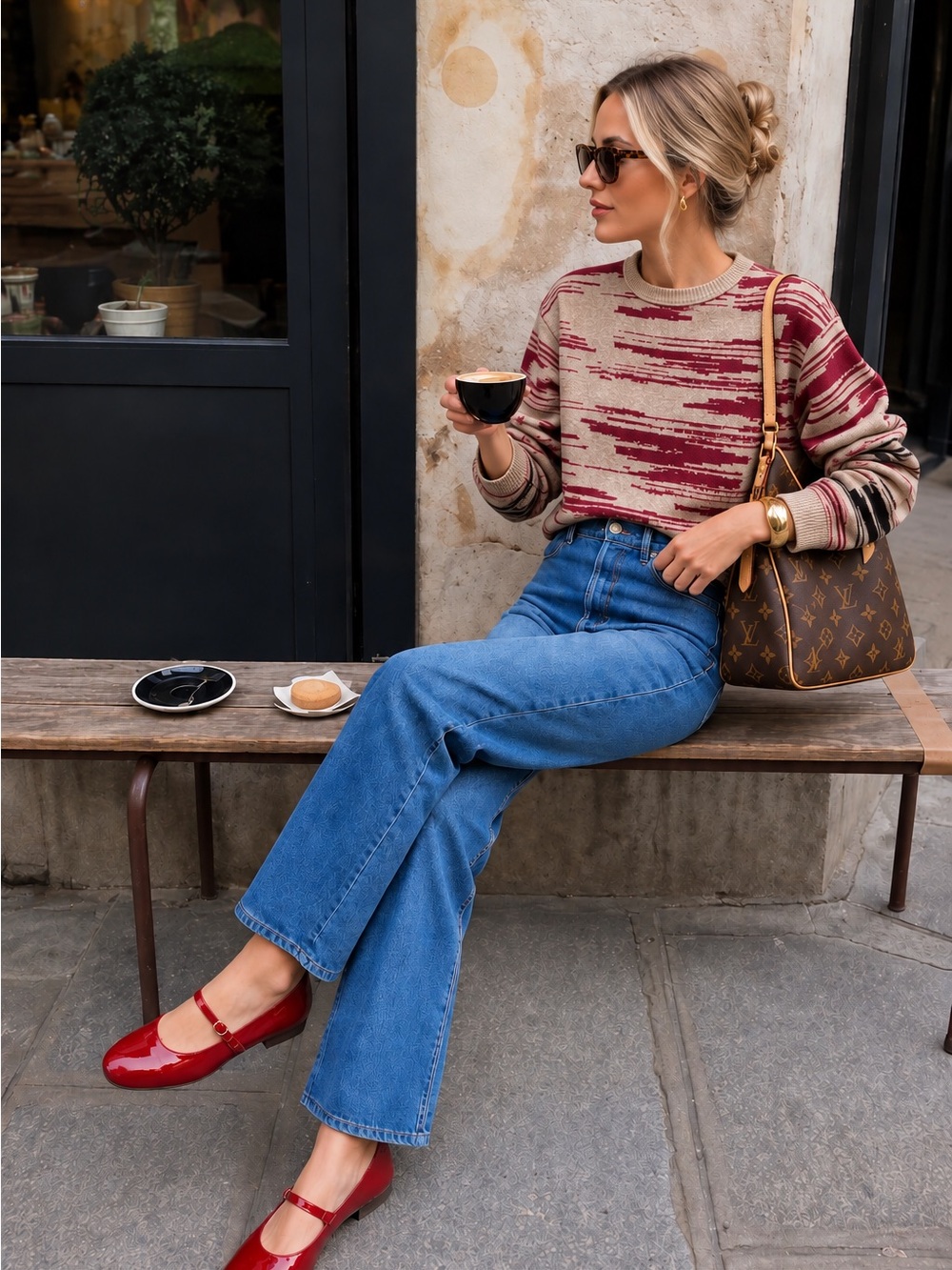 NIC+ZOE Beige and Berry Abstract-Stripe Crew Sweater with Side Zip